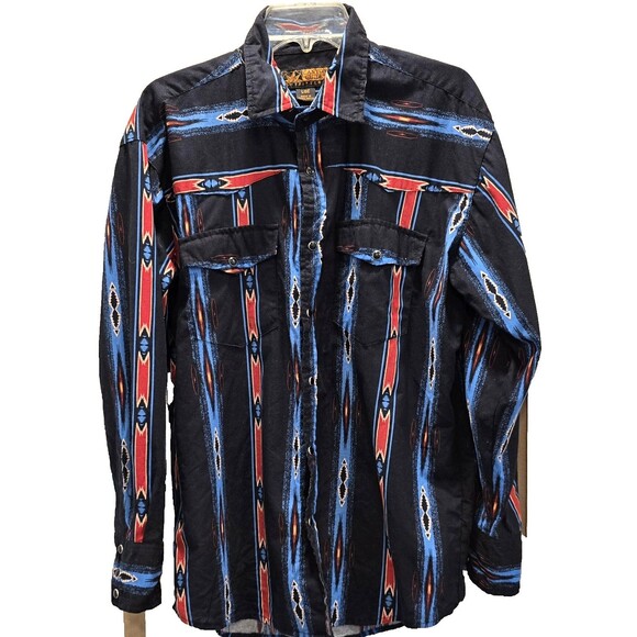 VTG Canyon Guide Outfitters Shirt Men's Large Black Aztec Western Pearl Snap - Picture 1 of 10